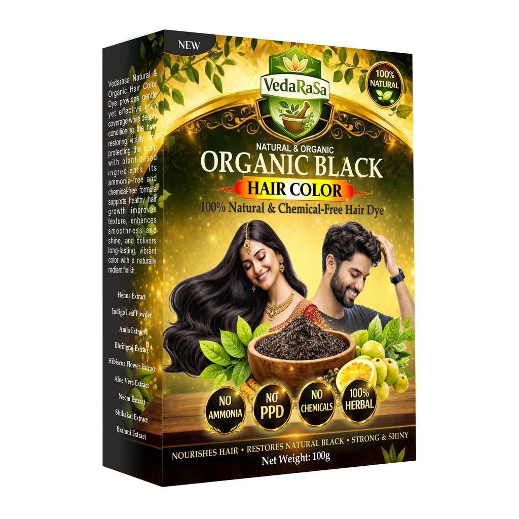 VedaRaSa Natural & Organic Black Hair Color 100g Herbal Hair Dye 100% Chemical-Free Ammonia-Free Grey Coverage Long-Lasting Natural Black Made with Ayurvedic Ingredients