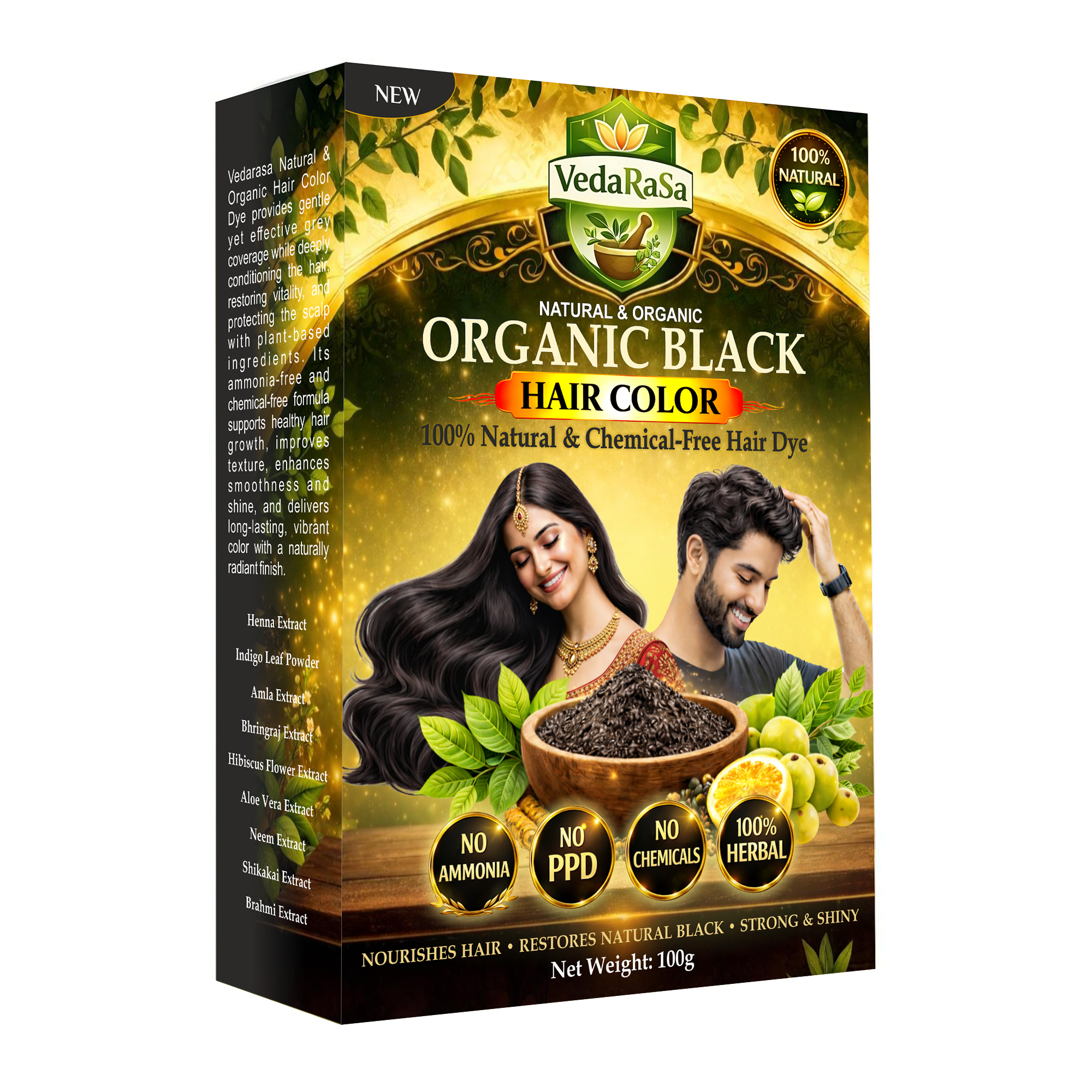 VedaRaSa Natural & Organic Black Hair Color 100g Herbal Hair Dye 100% Chemical-Free Ammonia-Free Grey Coverage Long-Lasting Natural Black Made with Ayurvedic Ingredients