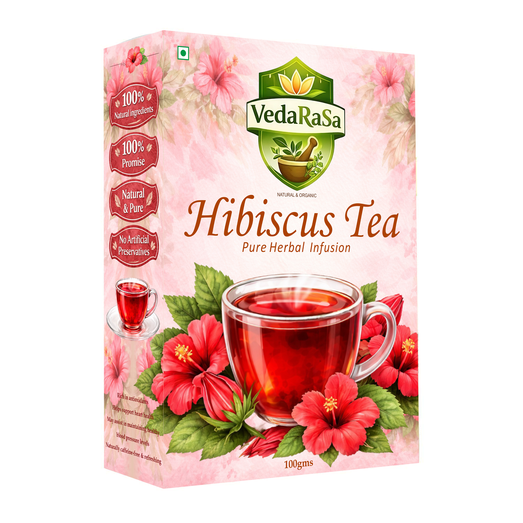 VedaRasa Hibiscus Tea Powder 100g | 100% Natural & Organic Hibiscus Flower Powder | Rich in Antioxidants | Supports Weight Management, Skin Health & Immunity | Caffeine-Free Herbal Tea