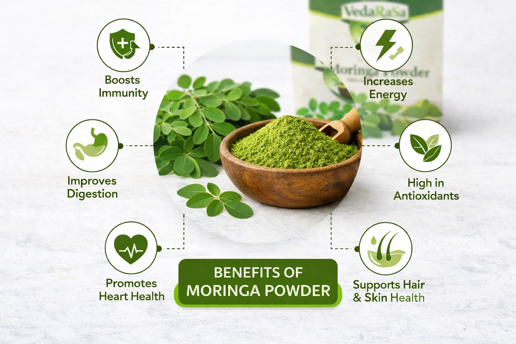 VedaRasa Moringa Leaves Powder | 100% Pure & Natural Moringa Powder | Rich in Iron, Calcium & Antioxidants | Supports Immunity, Energy & Detox | No Preservatives