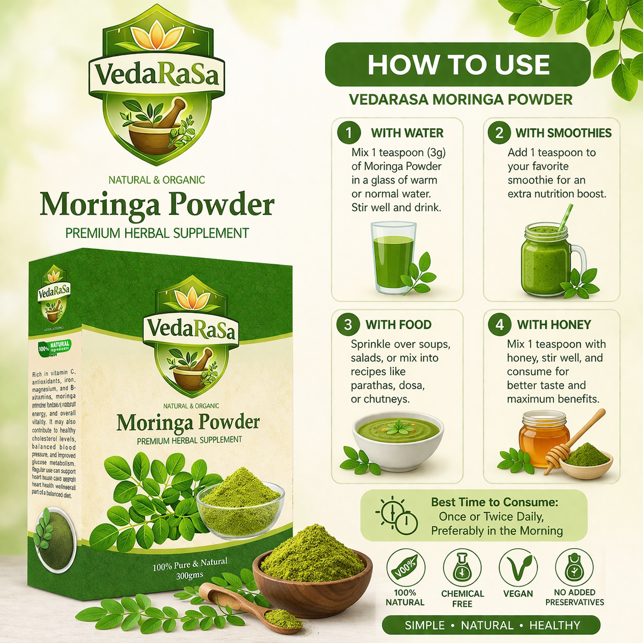 VedaRasa Moringa Leaves Powder | 100% Pure & Natural Moringa Powder | Rich in Iron, Calcium & Antioxidants | Supports Immunity, Energy & Detox | No Preservatives