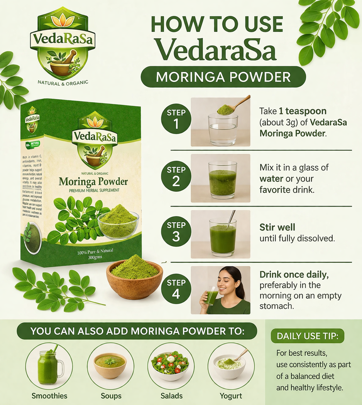 VedaRasa Moringa Leaves Powder | 100% Pure & Natural Moringa Powder | Rich in Iron, Calcium & Antioxidants | Supports Immunity, Energy & Detox | No Preservatives