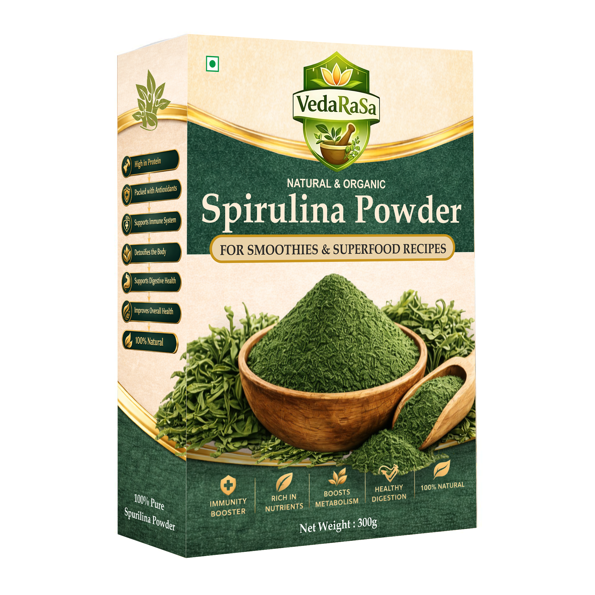Vedarasa Spirulina Powder 300 G| 100% Pure Natural Superfood | Rich in Protein, Iron & Antioxidants | Supports Immunity, Energy & Detox | Vegan, Non-GMO Nutritional Supplement