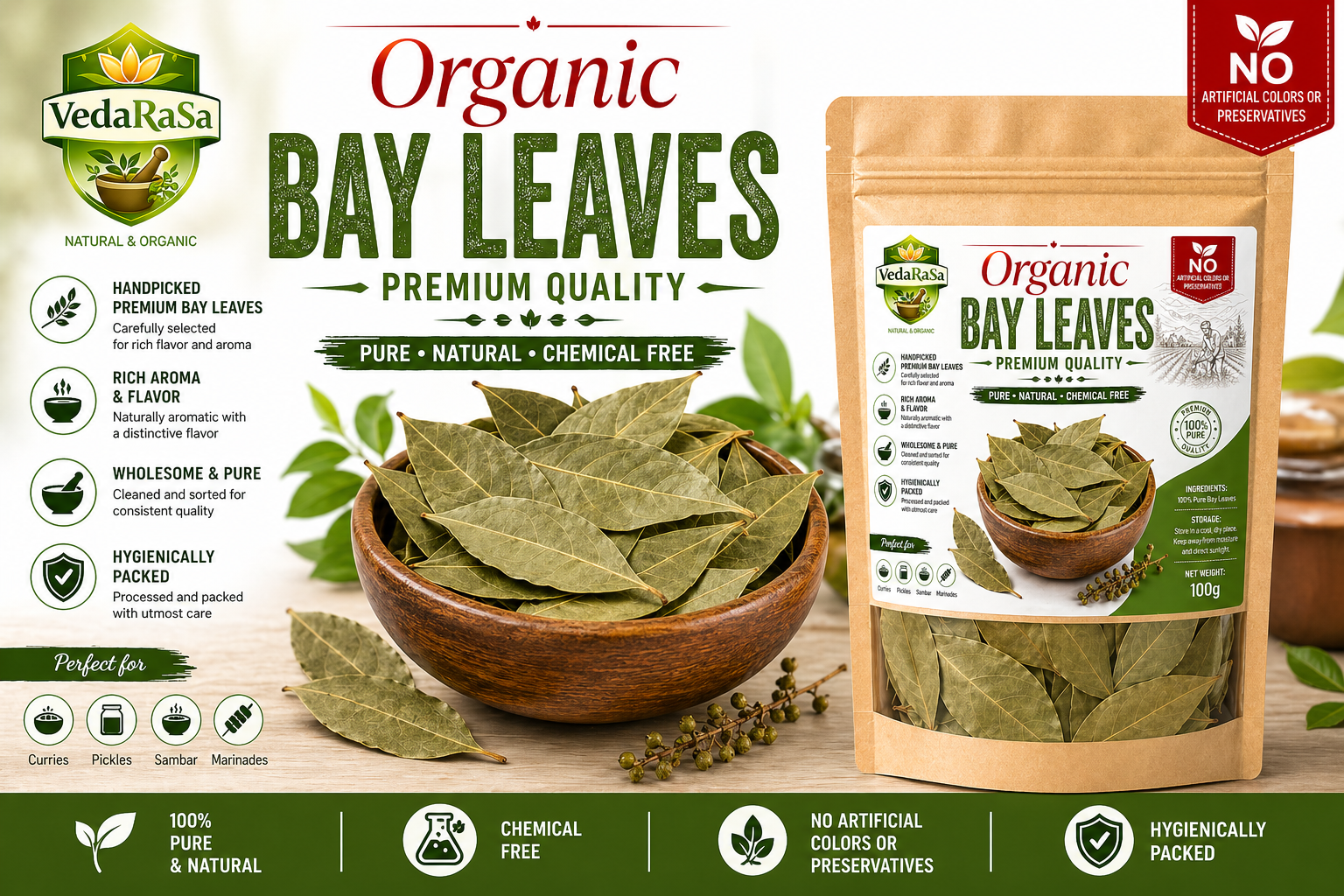 VedaRasa Organic Bay Leaves Premium Quality Tej Patta Naturally Selected Whole Bay Leaves Rich Aroma & Fresh Flavor Pure, Natural & Chemical Free No Artificial Colors or Preservatives Hygienically Packed for Indian Cooking & Spice Blends