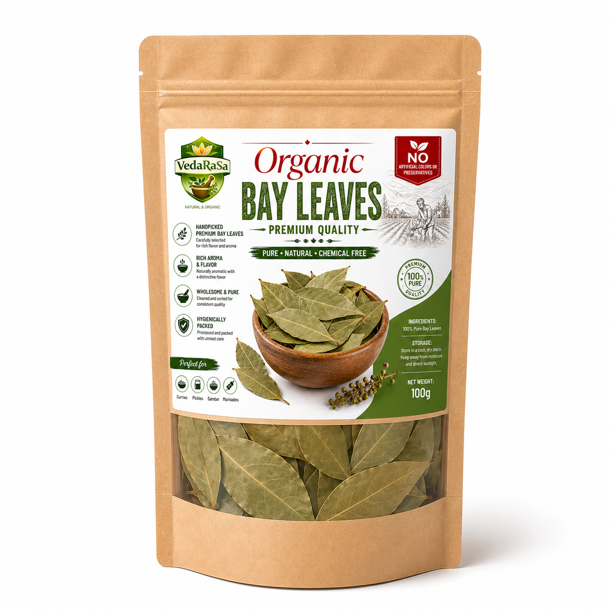 VedaRasa Organic Bay Leaves Premium Quality Tej Patta Naturally Selected Whole Bay Leaves Rich Aroma & Fresh Flavor Pure, Natural & Chemical Free No Artificial Colors or Preservatives Hygienically Packed for Indian Cooking & Spice Blends