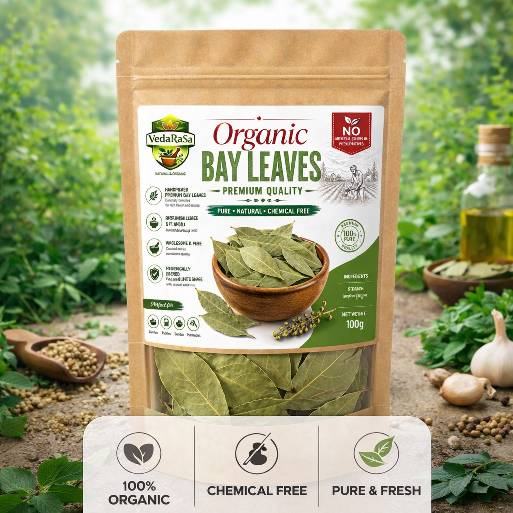 VedaRasa Organic Bay Leaves Premium Quality Tej Patta Naturally Selected Whole Bay Leaves Rich Aroma & Fresh Flavor Pure, Natural & Chemical Free No Artificial Colors or Preservatives Hygienically Packed for Indian Cooking & Spice Blends