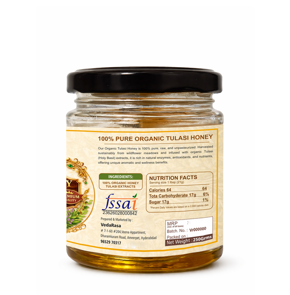 VedaRasa Tulasi Flavor Honey 250g | 100% Pure & Natural Honey | Infused with Tulsi | Immunity Booster | No Added Sugar, No Preservatives