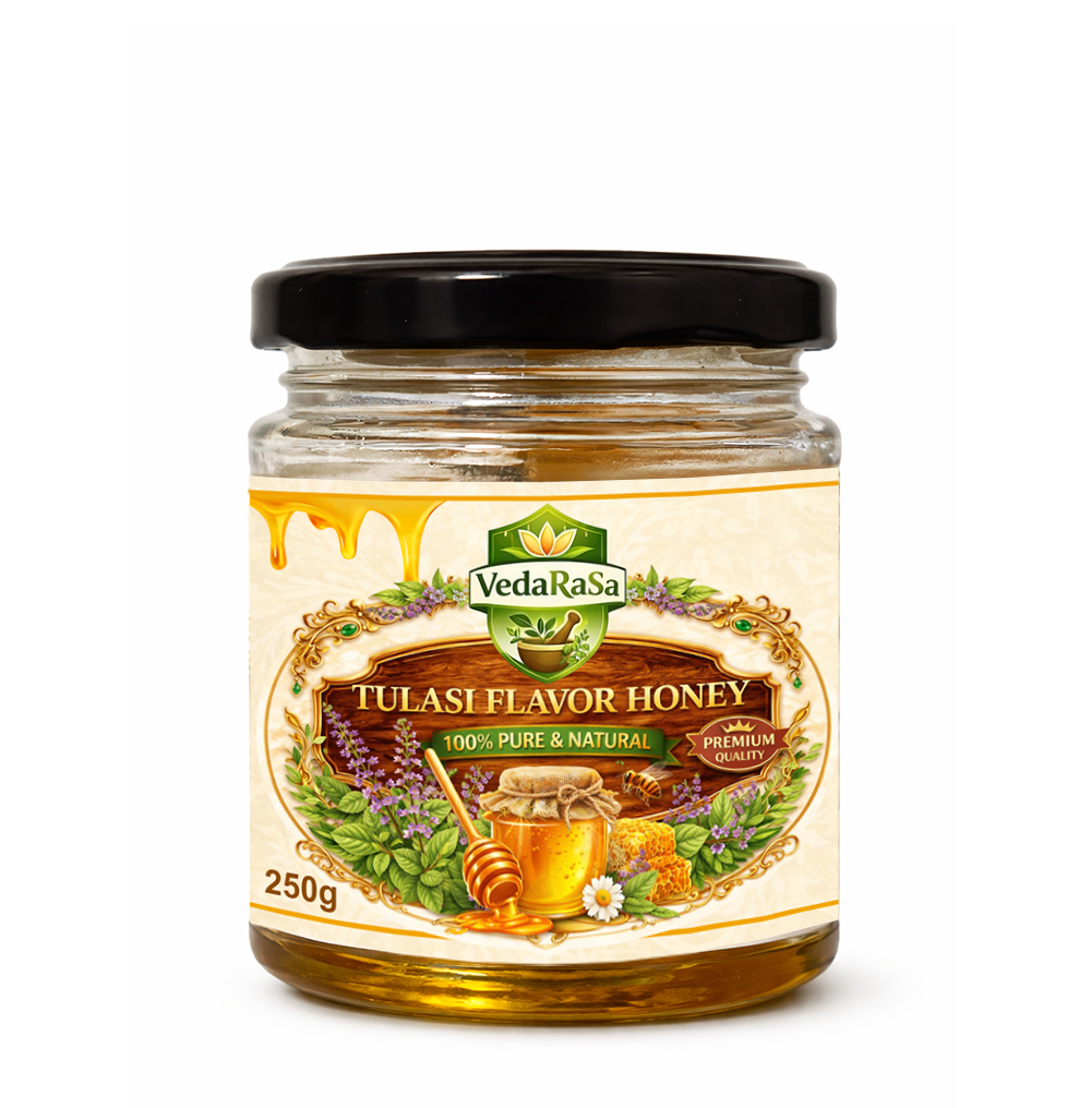 VedaRasa Tulasi Flavor Honey 250g | 100% Pure & Natural Honey | Infused with Tulsi | Immunity Booster | No Added Sugar, No Preservatives