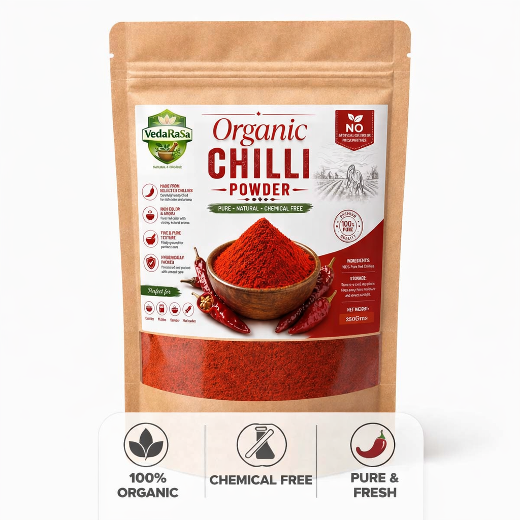 VedaRasa Organic Chilli Powder Premium Quality Lal Mirch Powder Made from Naturally Dried Red Chillies Strong Aroma Pure, Natural & Chemical Free No Artificial Colors Hygienically Packed Spice for Curries, Pickles & Indian Cooking