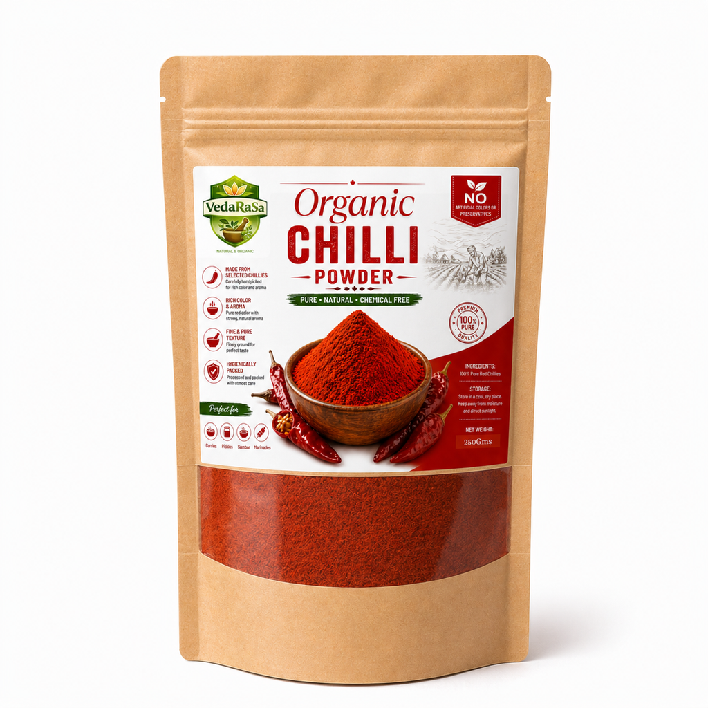 VedaRasa Organic Chilli Powder Premium Quality Lal Mirch Powder Made from Naturally Dried Red Chillies Strong Aroma Pure, Natural & Chemical Free No Artificial Colors Hygienically Packed Spice for Curries, Pickles & Indian Cooking