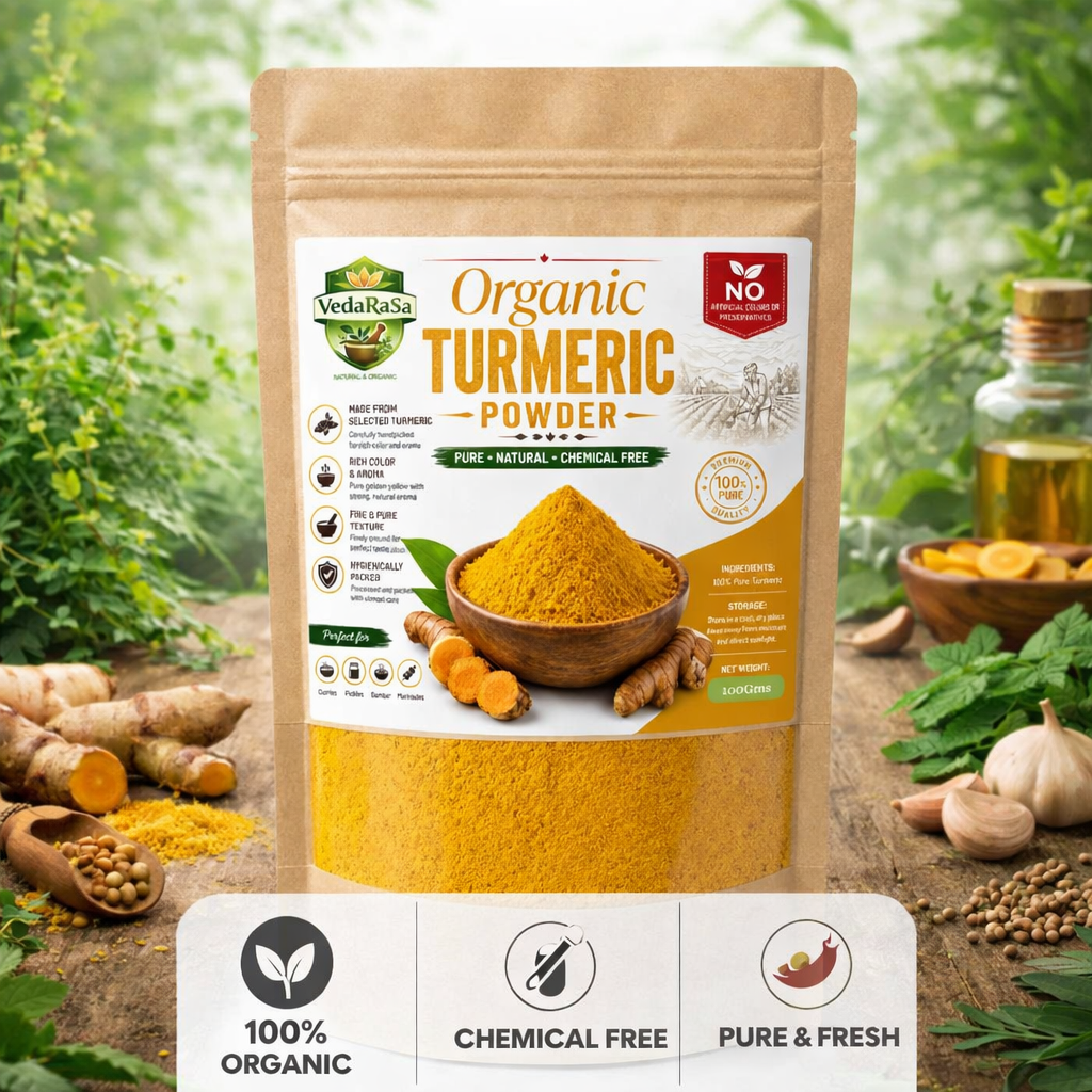 VedaRasa Organic Turmeric Powder Premium Quality Haldi Powder Made from Naturally Selected Turmeric Fingers Rich Color & Strong Aroma Pure, Natural & Chemical Free No Artificial Colors Hygienically Packed Spice for Curries, Milk & Indian Cooking