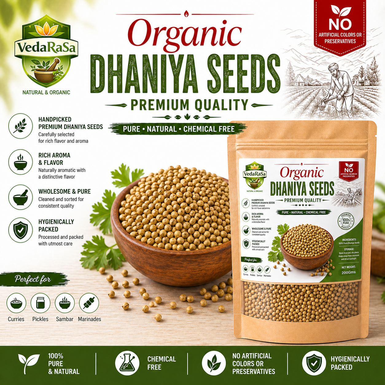 VedaRasa Organic Dhaniya Seeds Premium Quality Coriander Seeds Naturally Selected Whole Coriander Rich Aroma & Fresh Flavor Pure, Natural & Chemical Free No Artificial Colors or Preservatives Hygienically Packed for Indian Cooking & Spice Blends