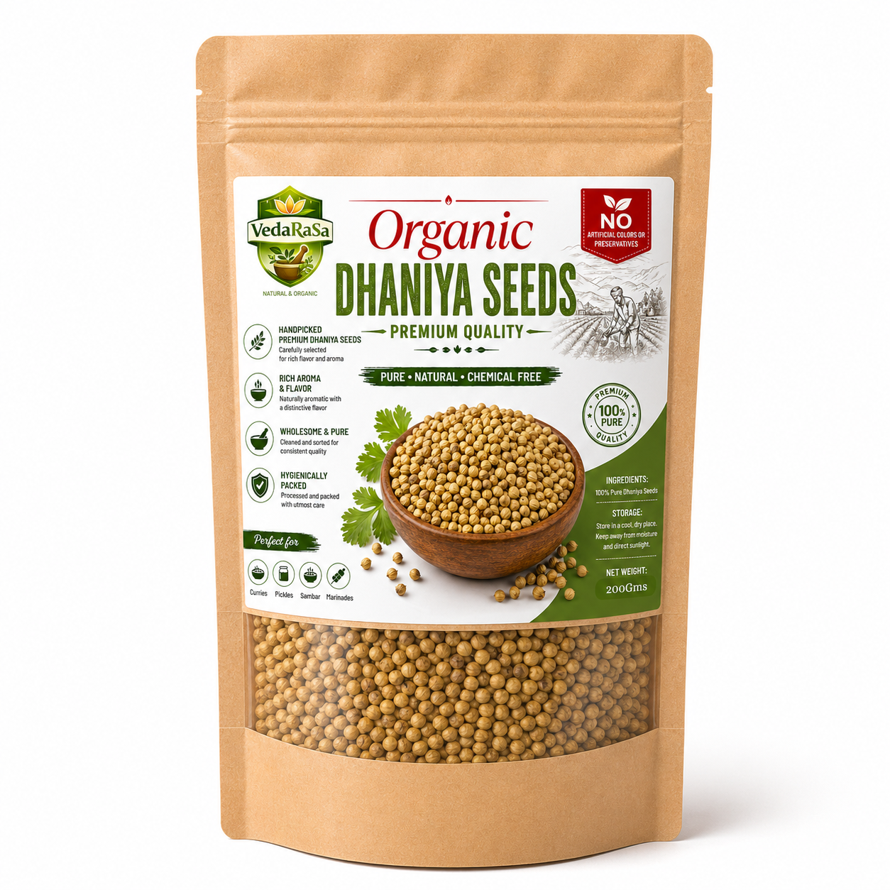 VedaRasa Organic Dhaniya Seeds Premium Quality Coriander Seeds Naturally Selected Whole Coriander Rich Aroma & Fresh Flavor Pure, Natural & Chemical Free No Artificial Colors or Preservatives Hygienically Packed for Indian Cooking & Spice Blends