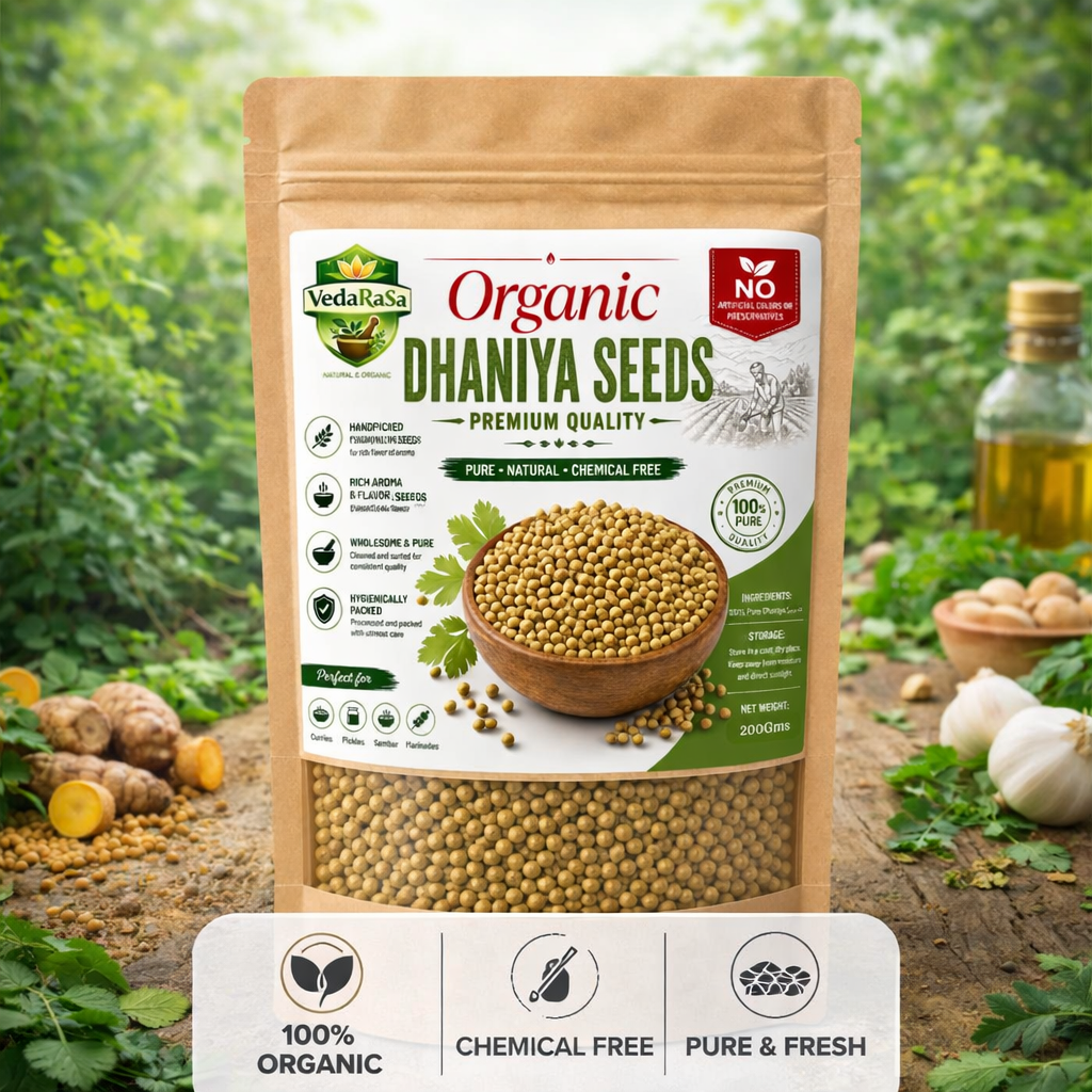 VedaRasa Organic Dhaniya Seeds Premium Quality Coriander Seeds Naturally Selected Whole Coriander Rich Aroma & Fresh Flavor Pure, Natural & Chemical Free No Artificial Colors or Preservatives Hygienically Packed for Indian Cooking & Spice Blends