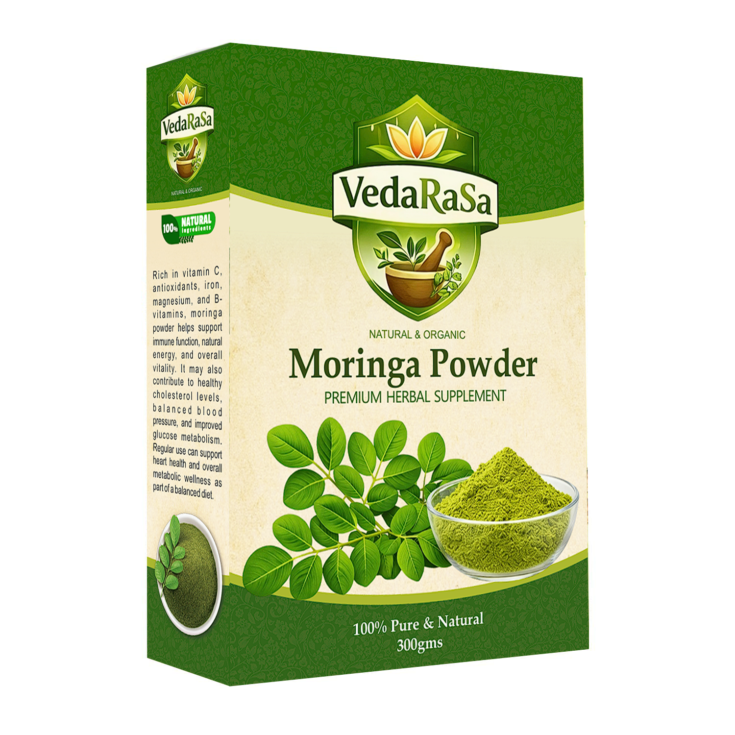 VedaRasa Moringa Leaves Powder | 100% Pure & Natural Moringa Powder | Rich in Iron, Calcium & Antioxidants | Supports Immunity, Energy & Detox | No Preservatives