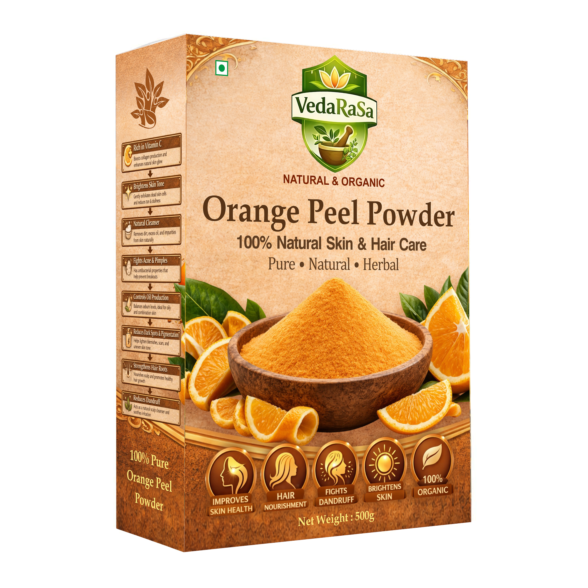 Vedarasa Orange Peel Powder for Face Pack & Skin Care – 100% Pure Natural Orange Peel Powder for Glowing Skin, Tan Removal & Deep Cleansing