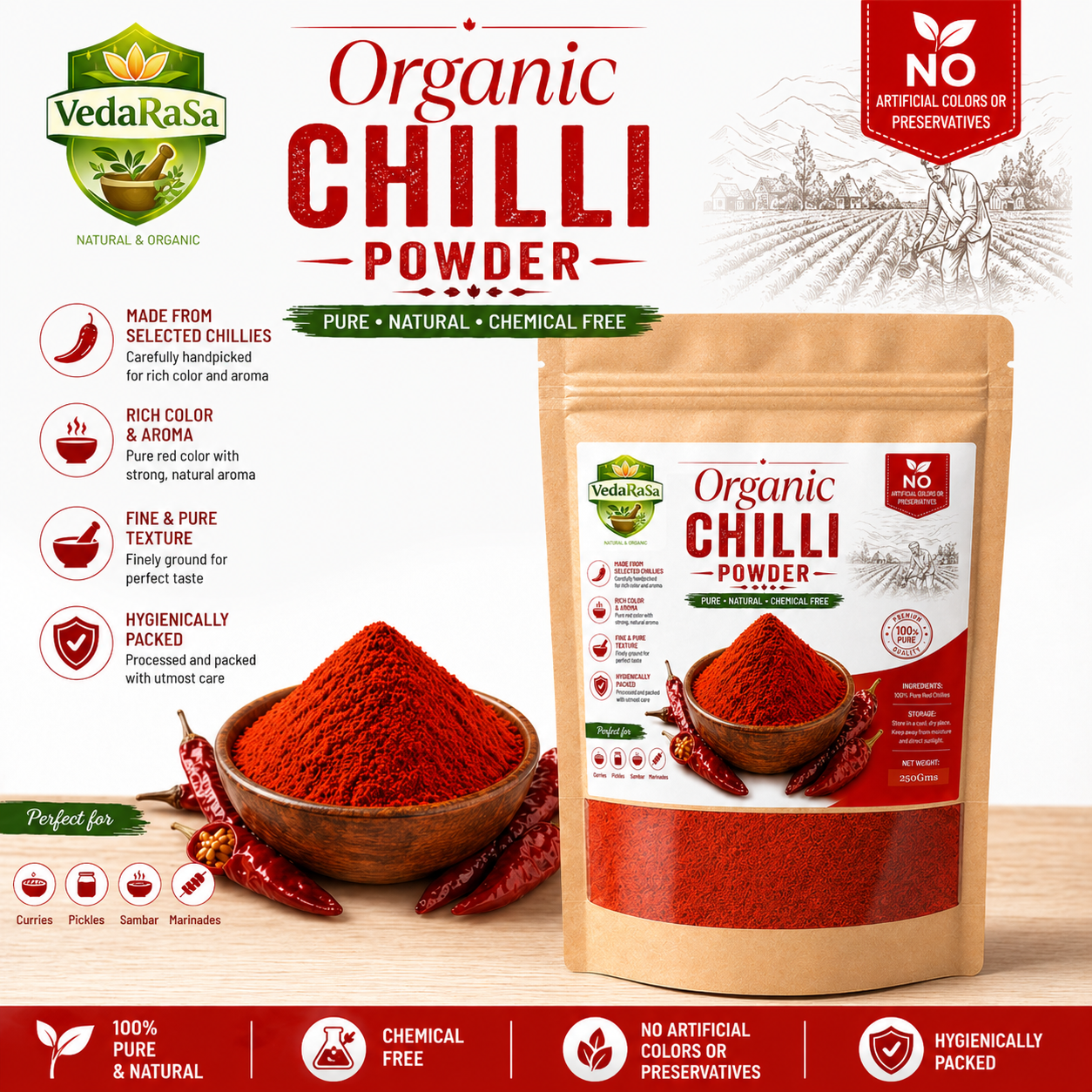 VedaRasa Organic Chilli Powder Premium Quality Lal Mirch Powder Made from Naturally Dried Red Chillies Strong Aroma Pure, Natural & Chemical Free No Artificial Colors Hygienically Packed Spice for Curries, Pickles & Indian Cooking