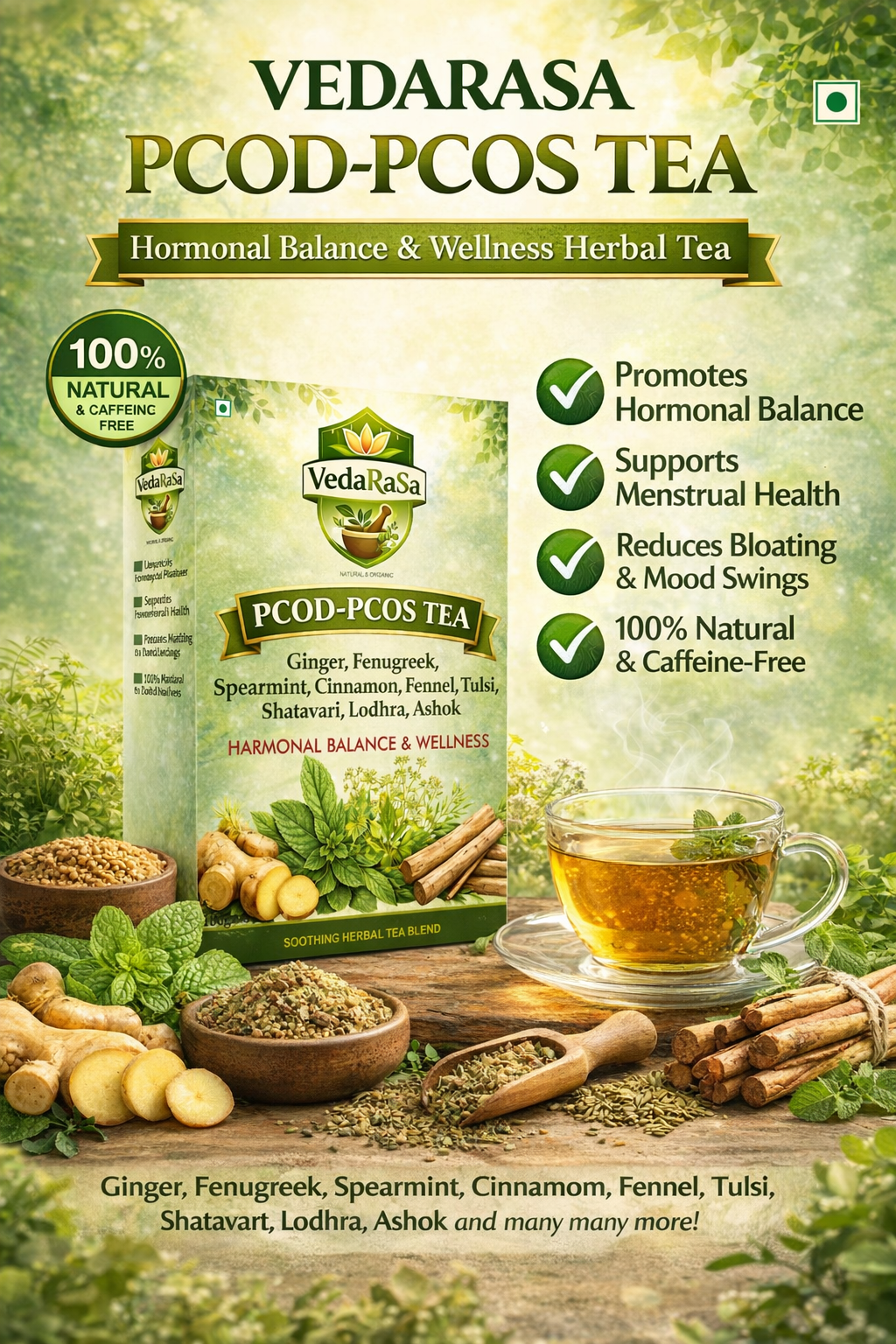 VedaRasa PCOS & PCOD Herbal Tea 100g | Natural Herbal Infusion for Women Wellness | Supports Hormonal Balance, Metabolism & Daily Wellness | Caffeine-Free | No Preservatives
