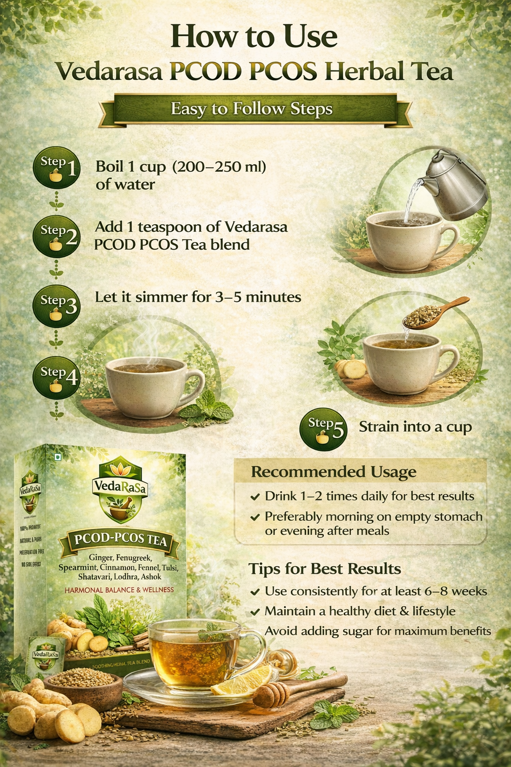VedaRasa PCOS & PCOD Herbal Tea 100g | Natural Herbal Infusion for Women Wellness | Supports Hormonal Balance, Metabolism & Daily Wellness | Caffeine-Free | No Preservatives