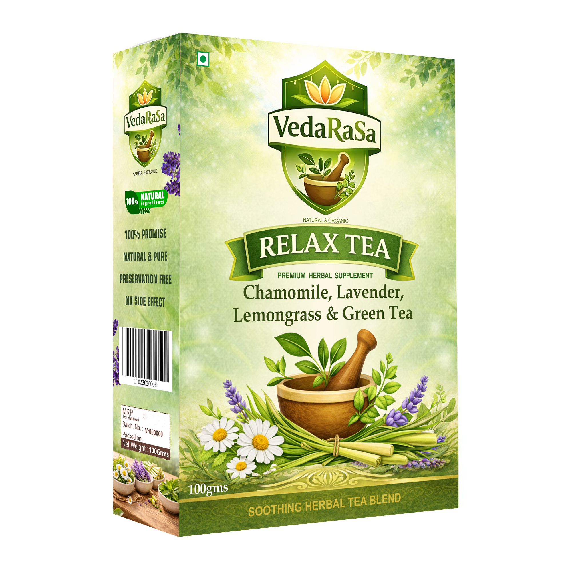 VedaRasa Relax Herbal Tea 100g | Chamomile, Lavender, Lemongrass & Green Tea | Natural Stress Relief & Sleep Support | Calming Ayurvedic Wellness Tea