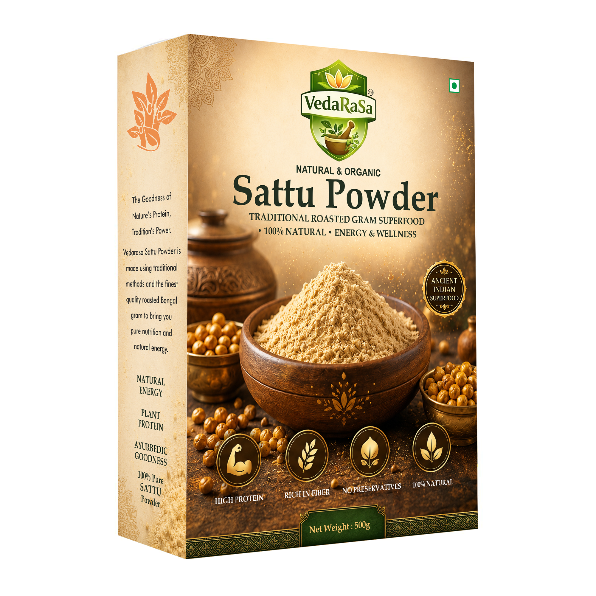 VedaRasa Sattu Powder | Premium Roasted Chana Powder | Made from Organic Chickpeas | High Protein & Rich Fiber | Traditional Indian Superfood | 100% Natural