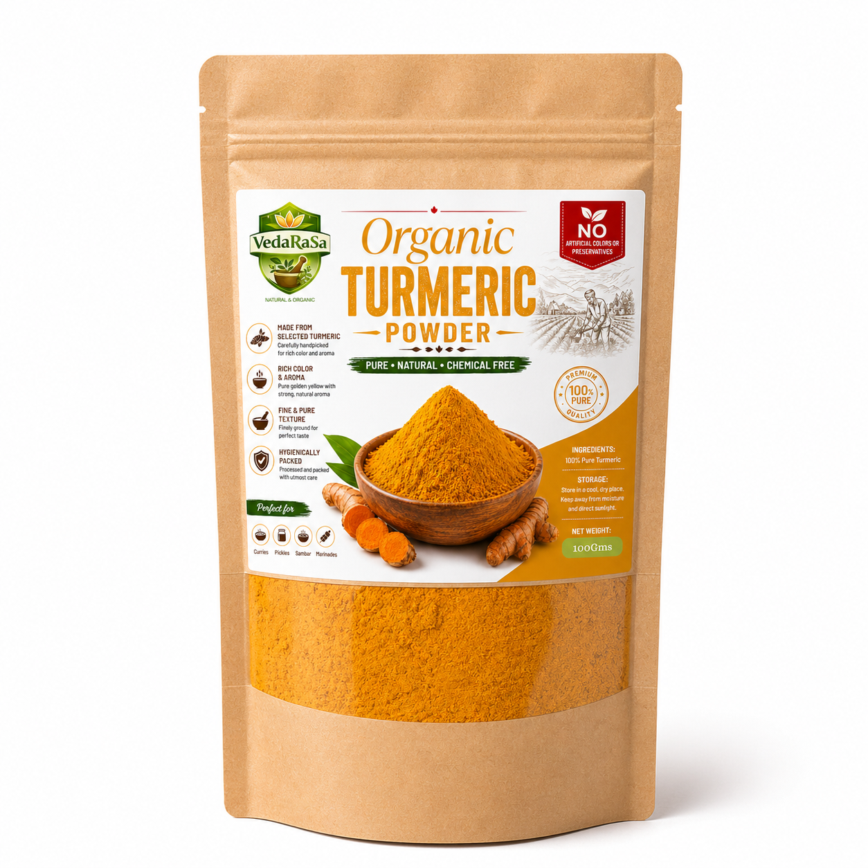 VedaRasa Organic Turmeric Powder Premium Quality Haldi Powder Made from Naturally Selected Turmeric Fingers Rich Color & Strong Aroma Pure, Natural & Chemical Free No Artificial Colors Hygienically Packed Spice for Curries, Milk & Indian Cooking