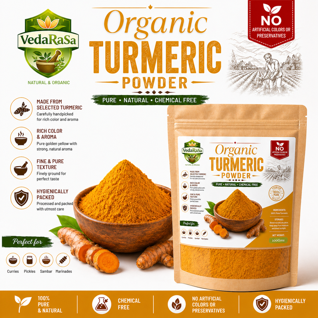 VedaRasa Organic Turmeric Powder Premium Quality Haldi Powder Made from Naturally Selected Turmeric Fingers Rich Color & Strong Aroma Pure, Natural & Chemical Free No Artificial Colors Hygienically Packed Spice for Curries, Milk & Indian Cooking